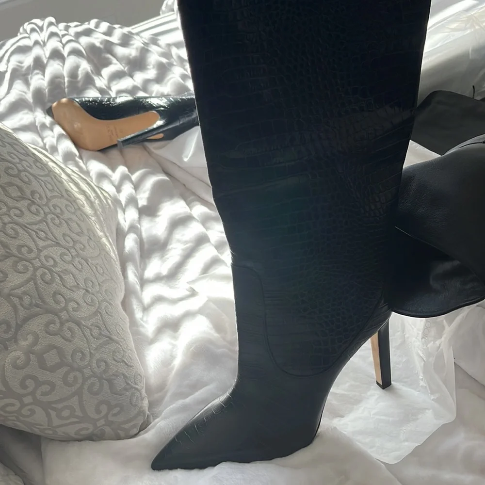 New Jimmy Choo Blue Mavis 100 Navy Croc Embossed Leather Knee High Boots - Picture 3 of 8